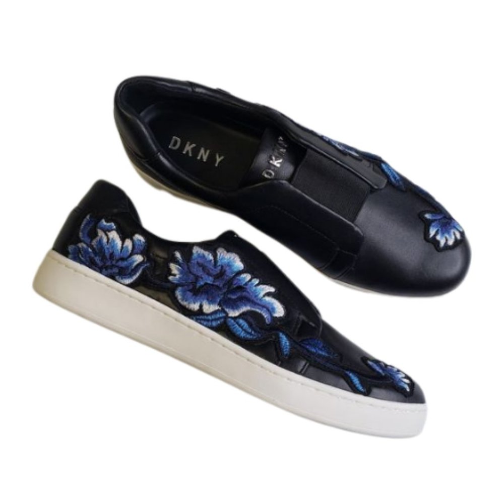 DKNY Black Leather Slip-On Sneakers with Blue Floral Embroidery